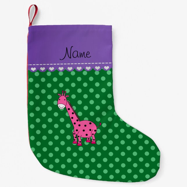 Personlig namn rosa giraffe grönt polka dots liten julstrumpa (Framsidan)