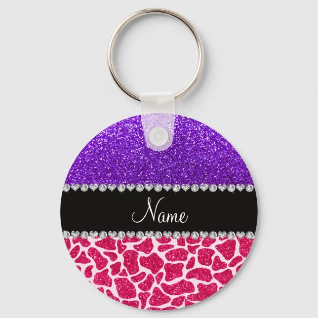 Personlig namn rosa giraffe lila glitter nyckelring (Framsida)