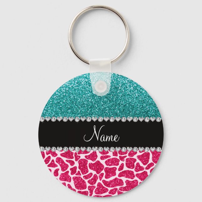 Personlig namn rosa giraffe turquise glitter nyckelring (Framsida)