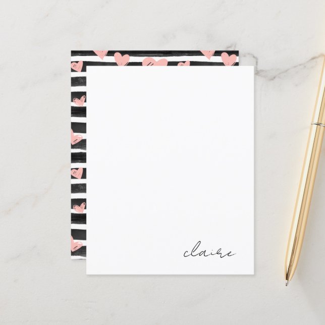 Personlig Namn Rosa Hearts Stationery Papper (Fram/Back In Situ)