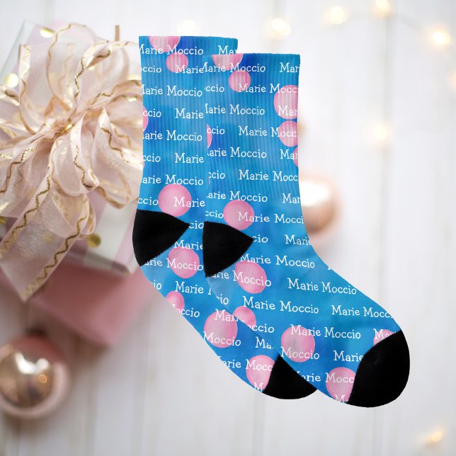Personlig Namn Rosa Polka Dot Bubbles Blue Strumpor (Blue Birthday Socks)
