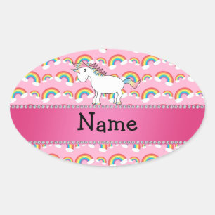 Personlig namn rosa rainbows ovalt klistermärke
