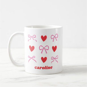 Personlig Namn Rosa Red Coquette Bow Heart Kaffemugg