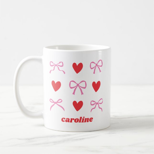 Personlig Namn Rosa Red Coquette Bow Heart Kaffemugg (Vänster)