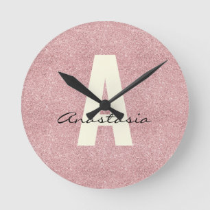 Personlig Namn Rosa Rosegold Glitter Rund Klocka
