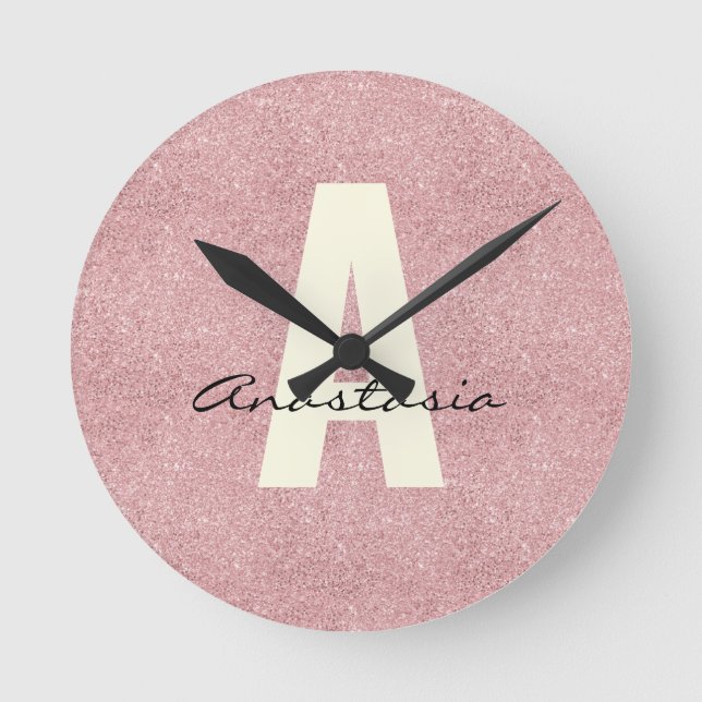 Personlig Namn Rosa Rosegold Glitter Rund Klocka (Framsida)