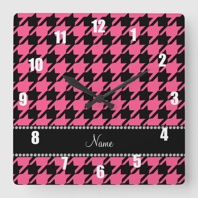 Personlig namn rosa svarta houndstooth fyrkantig klocka (Framsida)
