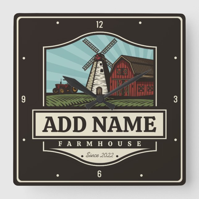 Personlig NAMN Rustic Farmhouse Old Kvarn Fyrkantig Klocka (Framsida)