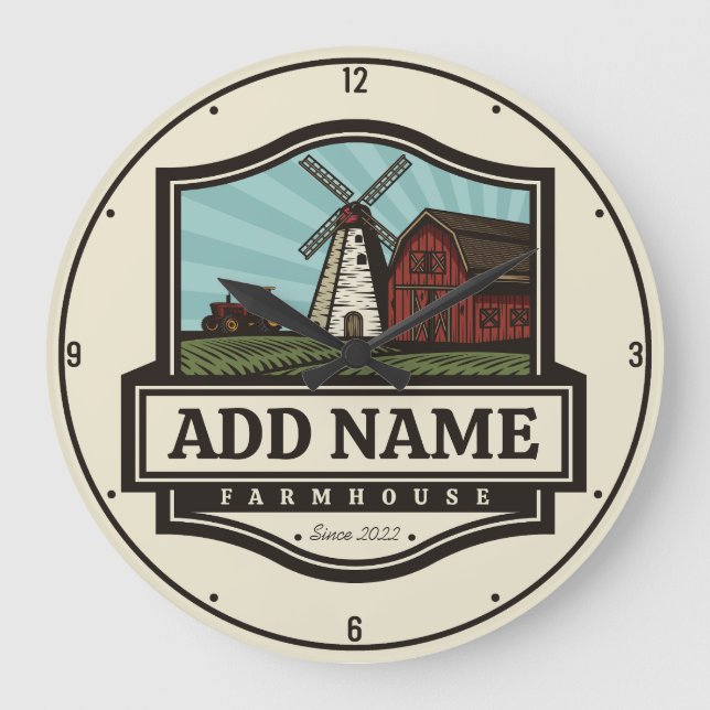 Personlig NAMN Rustic Farmhouse Old Kvarn Stor Klocka (Framsida)