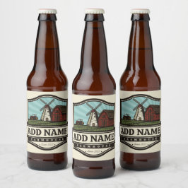 Personlig NAMN Rustik gårdsmiljö gammal väderkvarn Ölflaska Etikett