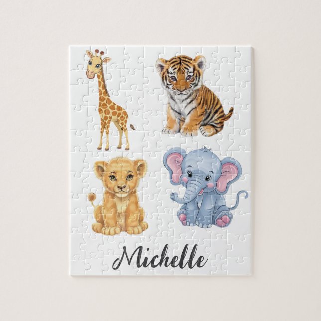 Personlig Namn Safari Jungle Animals Kids Pussel (Vertikal)