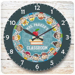 Personlig NAMN School Kids Teacher Classroom Stor Klocka