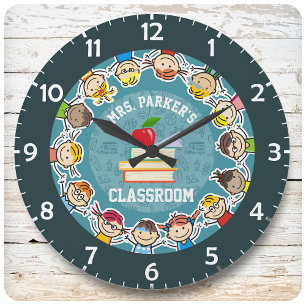 Personlig NAMN School Kids Teacher Classroom Stor Klocka