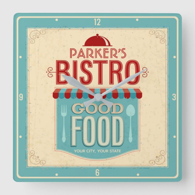 Personlig NAMN Shabby chic Fransk Bistro Cafe Fyrkantig Klocka (Framsida)