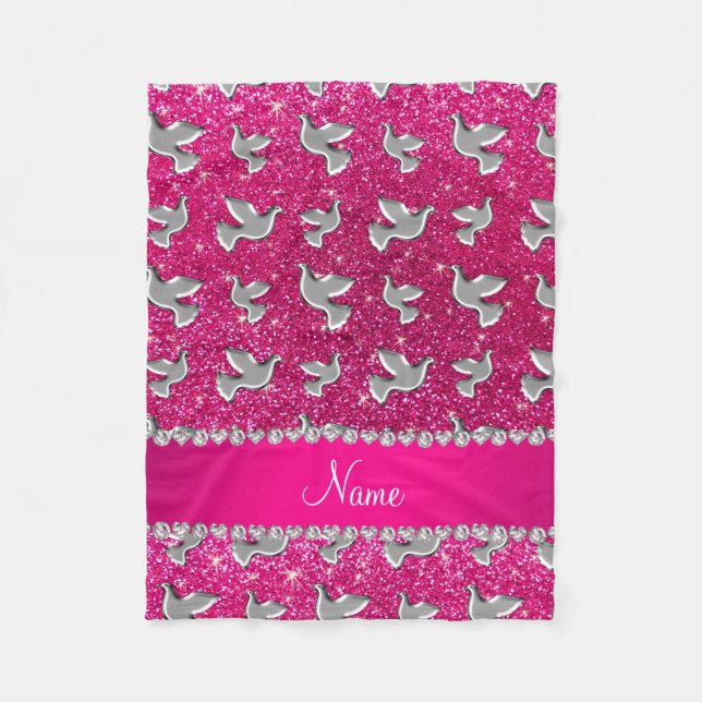 Personlig namn silver dove neon shock rosa glitte fleecefilt (Framsidan)