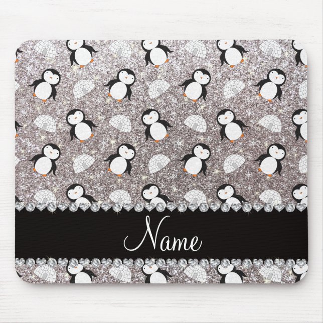 Personlig namn silver glitter penguins igloos musmatta (Framsidan)