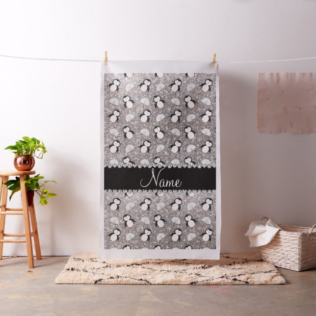 Personlig namn silver glitter penguins igloos tyg (In Situ)