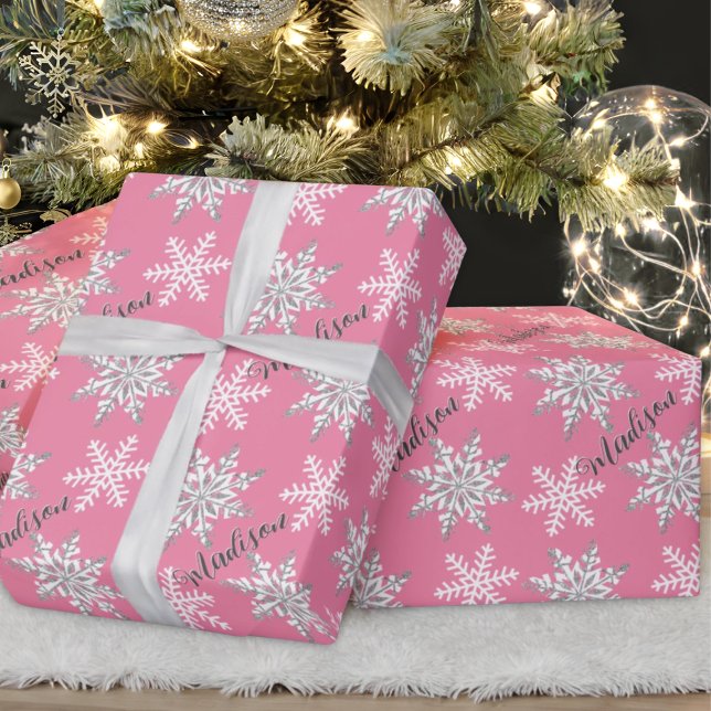 Personlig Namn Silver Snowflake Rosa Gift Presentpapper (Skapare uppladdad)