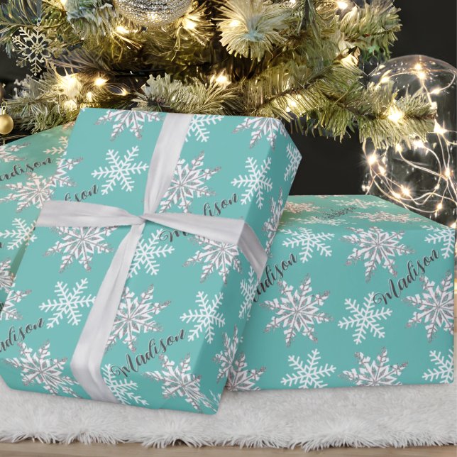 Personlig Namn Silver Snowflake Teal Gift Presentpapper (Skapare uppladdad)