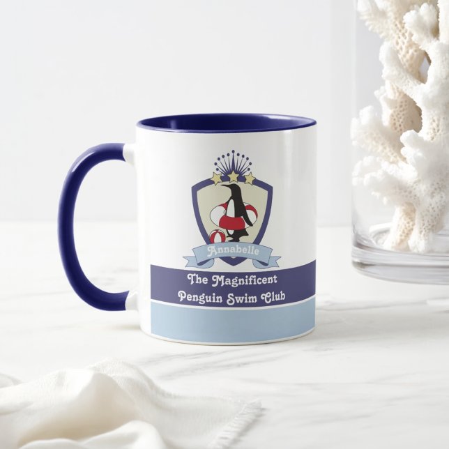 Personlig Namn Simma Klubb Vapensköld Cute Penguin Mugg (Skapare uppladdad)