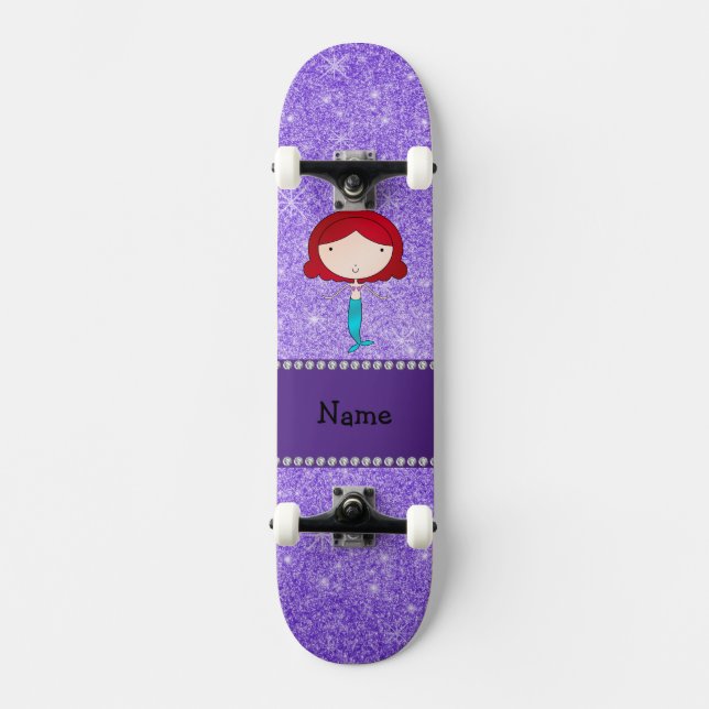 Personlig namn sjöjungfru lila glitter mini skateboard bräda 18,7 cm (Framsida)