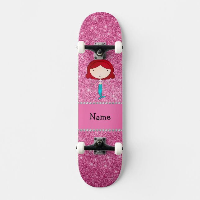 Personlig namn sjöjungfru rosa glitter skateboard bräda 20 cm (Framsida)