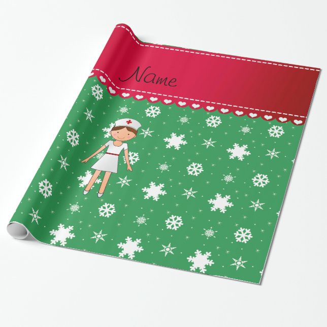 Personlig namn sjuksköterska grönt christmas snöfl presentpapper (Utrullad)