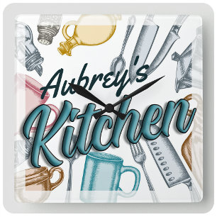 Personlig NAMN Snyggt Gourmet Kitchen Utensils Fyrkantig Klocka