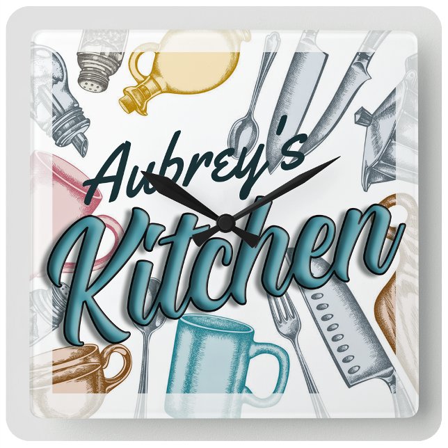 Personlig NAMN Snyggt Gourmet Kitchen Utensils Fyrkantig Klocka (Skapare uppladdad)