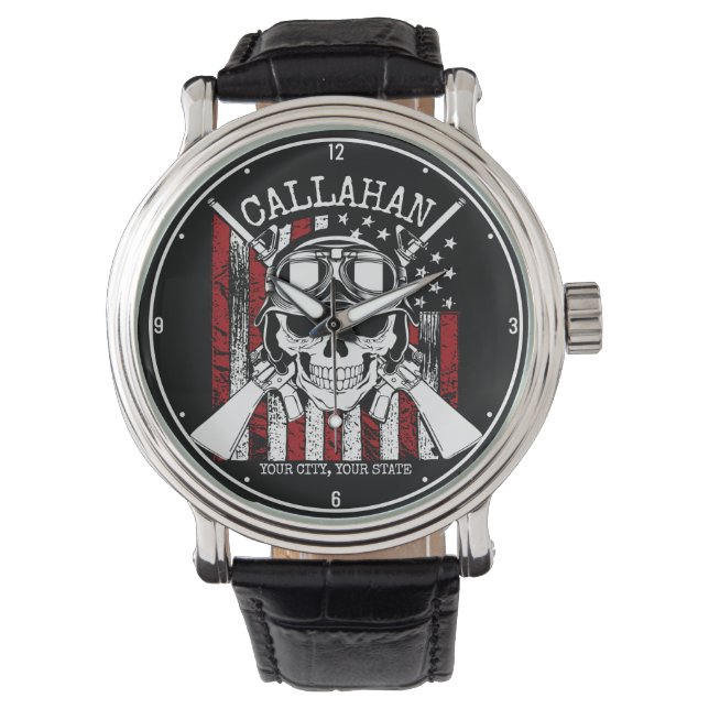 Personlig NAMN Soldier Skull Dual Guns USA flagga Armbandsur (Framsida)