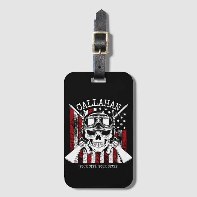 Personlig NAMN Soldier Skull Dual Guns USA flagga Bagagebricka (Framsida vertikal)