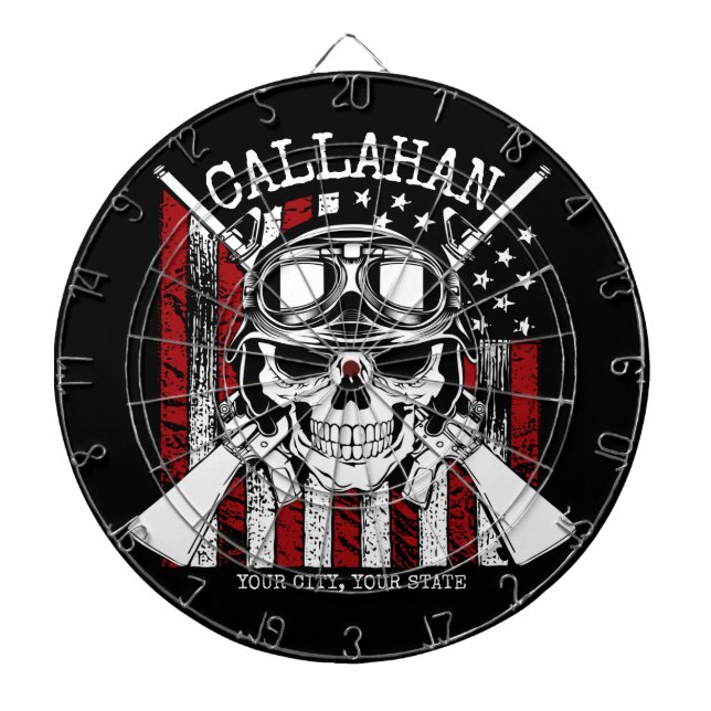 Personlig NAMN Soldier Skull Dual Guns USA flagga Darttavla (Framsidan)