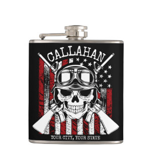 Personlig NAMN Soldier Skull Dual Guns USA flagga Fickplunta