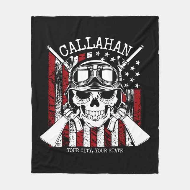 Personlig NAMN Soldier Skull Dual Guns USA flagga Fleecefilt (Framsidan)