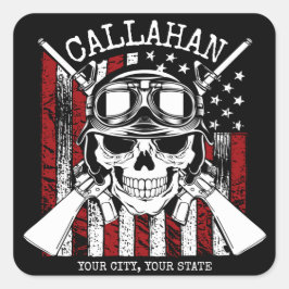 Personlig NAMN Soldier Skull Dual Guns USA flagga Fyrkantigt Klistermärke