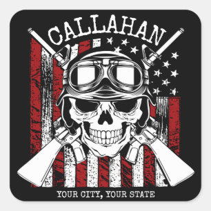 Personlig NAMN Soldier Skull Dual Guns USA flagga Fyrkantigt Klistermärke
