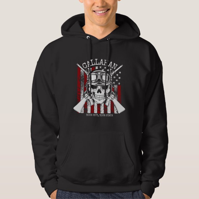 Personlig NAMN Soldier Skull Dual Guns USA flagga Hoodie (Framsida)
