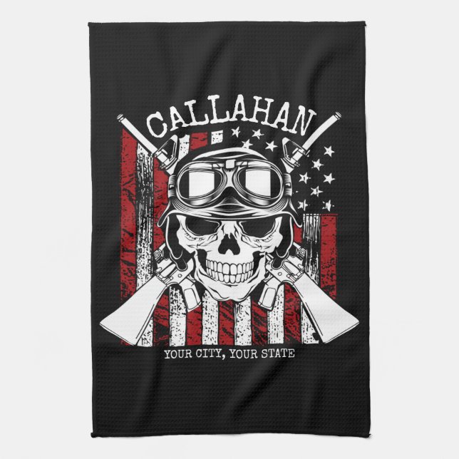 Personlig NAMN Soldier Skull Dual Guns USA flagga Kökshandduk (Vertikal)