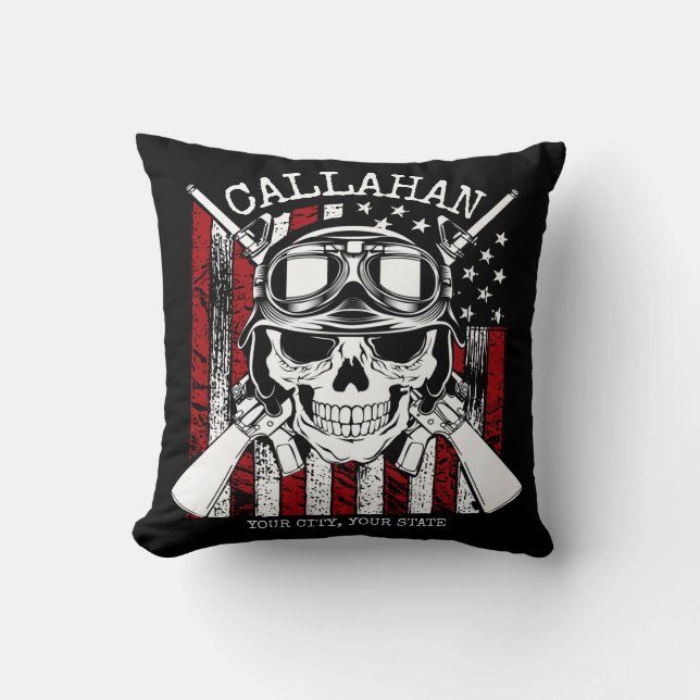 Personlig NAMN Soldier Skull Dual Guns USA flagga Kudde (Framsida)