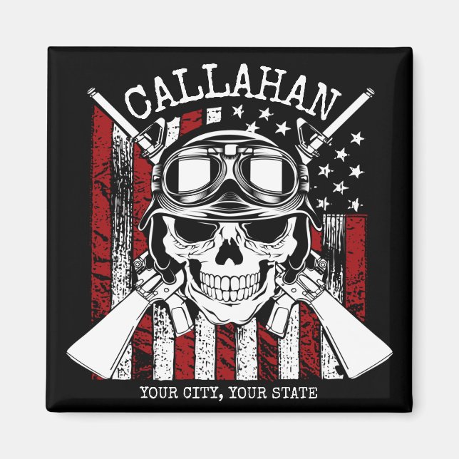 Personlig NAMN Soldier Skull Dual Guns USA flagga Magnet (Framsidan)