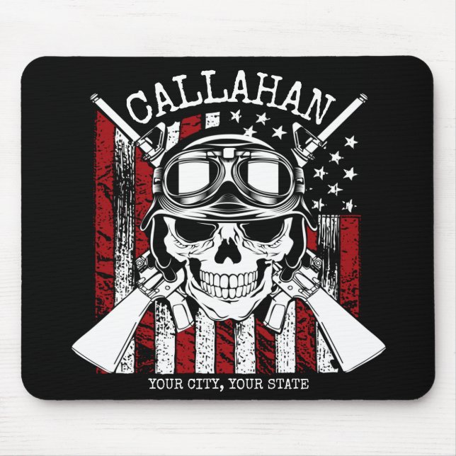 Personlig NAMN Soldier Skull Dual Guns USA flagga Musmatta (Framsidan)