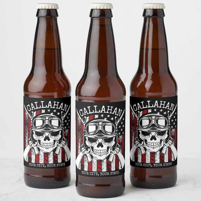 Personlig NAMN Soldier Skull Dual Guns USA flagga Ölflaska Etikett (Skapare uppladdad)
