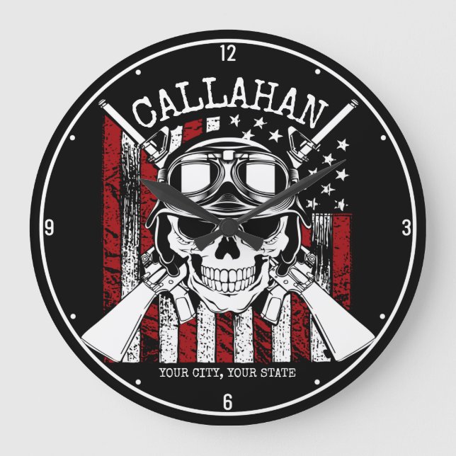 Personlig NAMN Soldier Skull Dual Guns USA flagga Stor Klocka (Framsida)