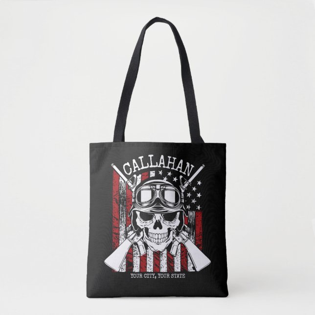 Personlig NAMN Soldier Skull Dual Guns USA flagga Tygkasse (Framsida)