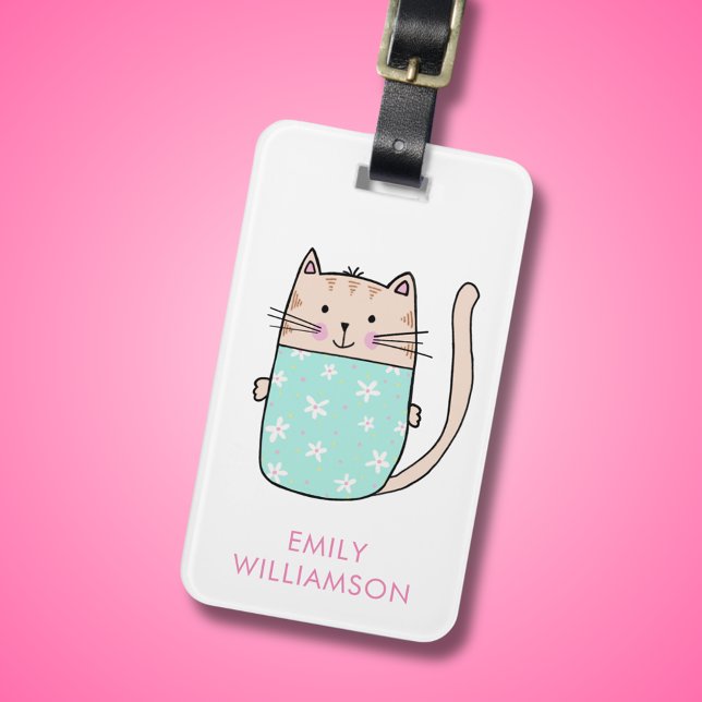 Personlig namn, söt kattillustration bagage bagagebricka (Cute cat illustrated luggage tag)