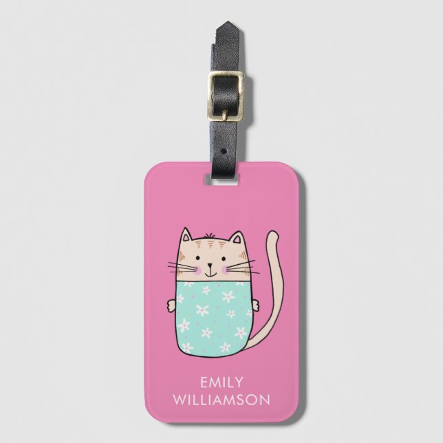 Personlig namn, söt kattillustration bagagebricka (Framsida vertikal)