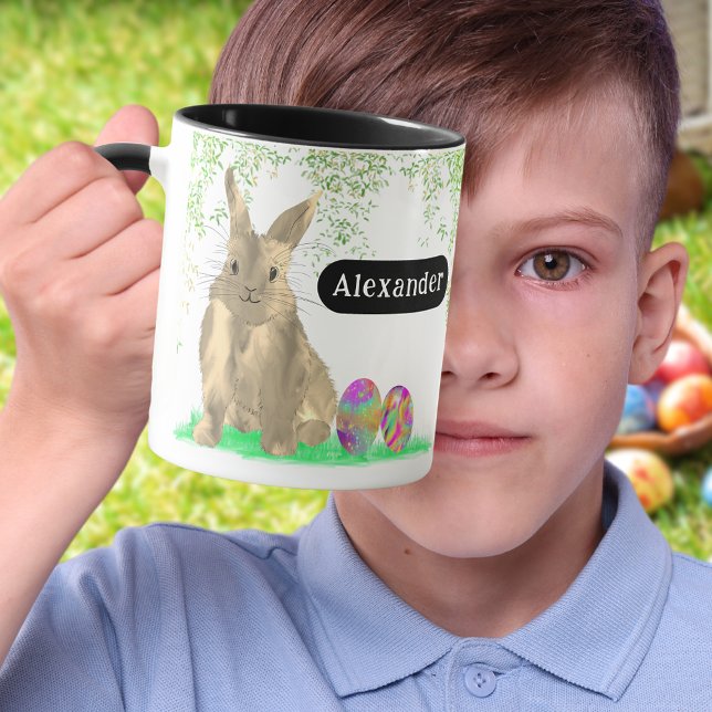 Personlig Namn Söt Påskharen Äggsökning Mugg (Personalized name cute Easter bunny Egg Hunt Spring Brunch Garden party Mug Colorful watercolor eggs)