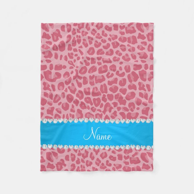 Personlig namn söt rosa leopard blue rand fleecefilt (Framsidan)
