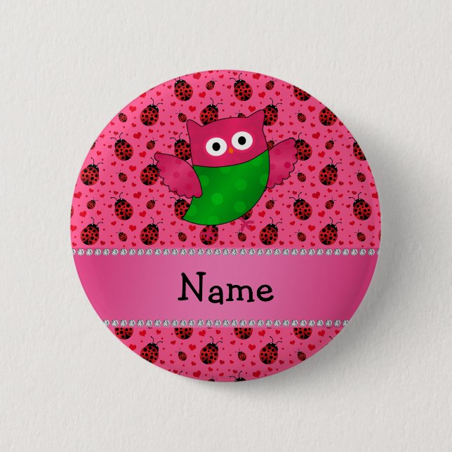 Personlig namn Söta uggla rosa ladybuggar Knapp (Framsida)