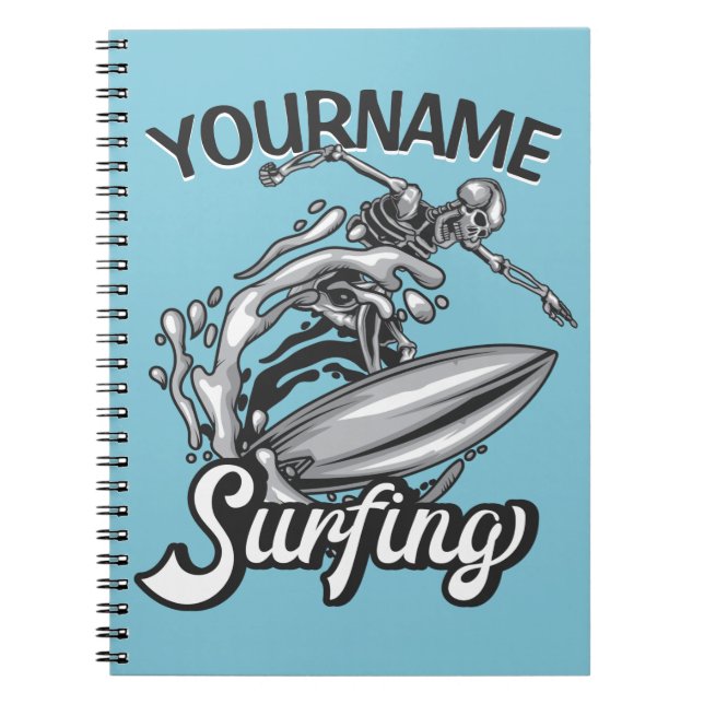Personlig NAMN Surfer Big Wave Skeleton Surfing Anteckningsbok (Framsidan)